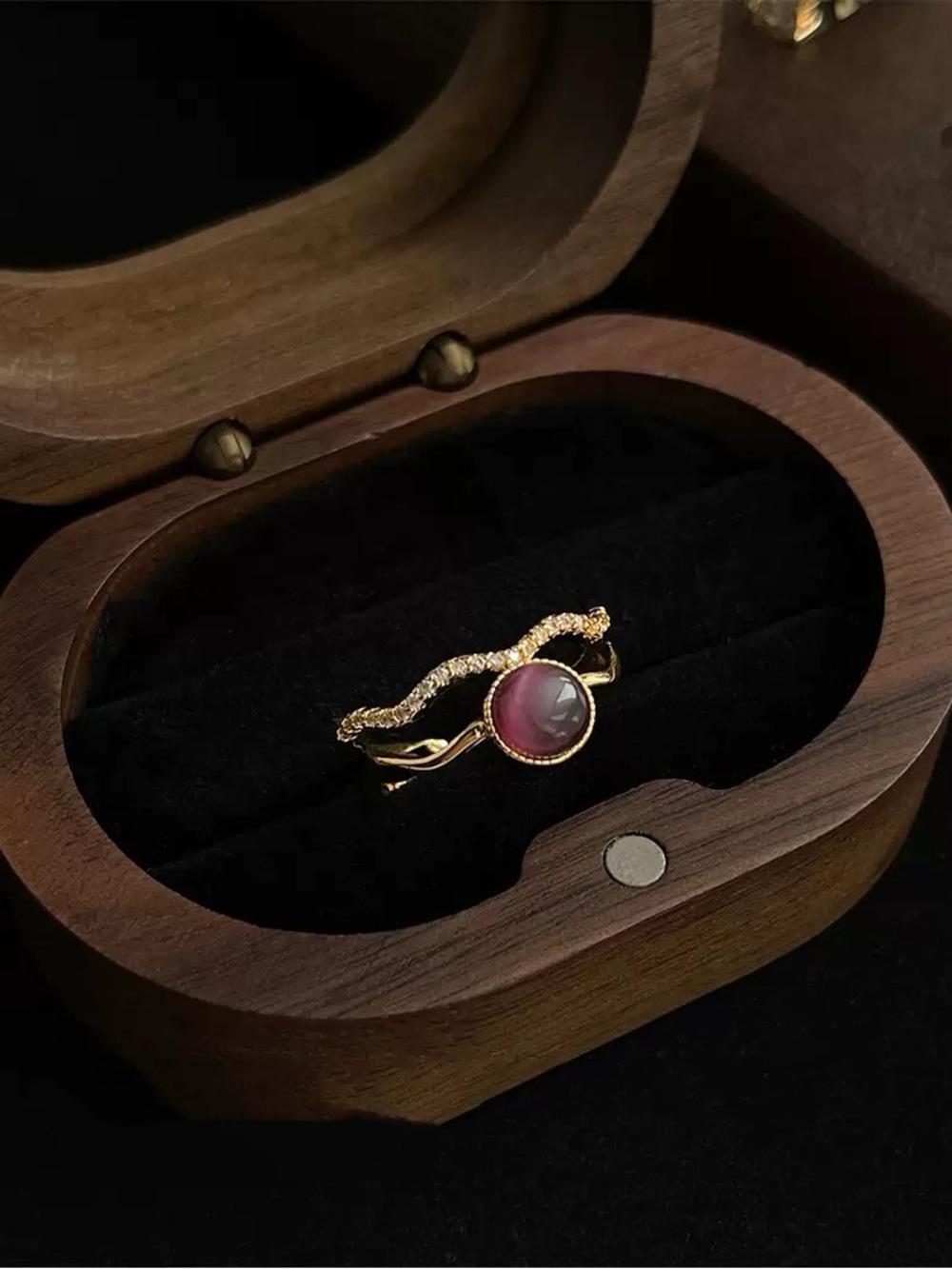 Purple Cat Eye Double Layer Ring Gold Adjustable Ring Vintage CZ Statement Ring